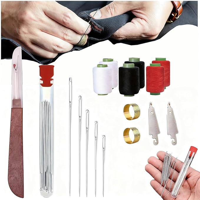 Big Eye Steel Sewing Needles Kit, 37-Piece Stainless Steel Hand Sewing Set with Thread, Thimble & Threader, for DIY Crafts, Home Travel Mending and Emergency Repairs on Leather and Denim