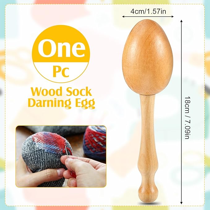 Jexine Darning Egg for Socks Wooden Darning Supplies Kit with 9 Large Eye Needles 16 Colors Sewing Threads for Socks Clothes Weaving Adults Darner DIY Handicraft Home Sewing Care(Multiple Color)