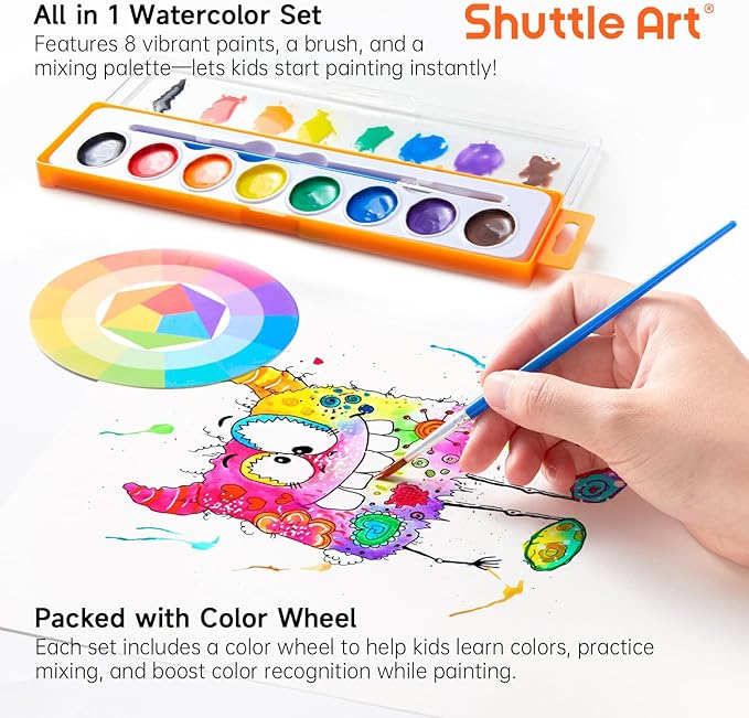 Shuttle Art 24 Pack Watercolor Paint Set, 8 Colors with Paint Brushes & Color Wheels, Washable for Kids & Adults, Suitable for Classroom, Parties, Kindergarten & Art Activities