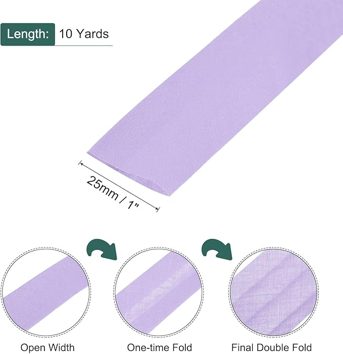 MECCANIXITY 1 Inch Double Fold Bias Tape Polyester Continuous Bulk Bias Tape for Sewing,Seaming Quilting Hemming Binding Crafts (Light Purple 10 Yards)