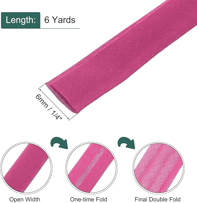 MECCANIXITY 1/4 Inch Double Fold Bias Tape Continuous Bulk Cotton Bias Tape for Sewing Seaming Quilting Hemming Binding Crafts (Rose Red 6 Yards)