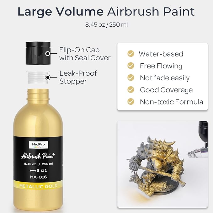 Nicpro Metallic Gold Large Airbrush Paint (8.45 oz, 250 ml) Ready to Spray Opaque Water-Based Acrylic Air Brush Paints for Model, Wood, Canvas, Metal, Plastic, Leather, for Beginners & Artists