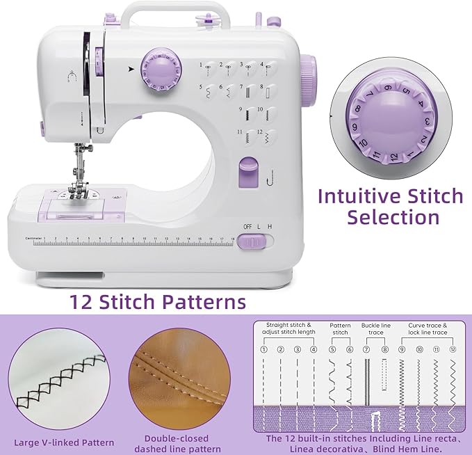 12-Stitch Small Sewing Machine with Foot Pedal & Night Light, Portable Electric Sewing Machine for Beginners, Kids, Tailors | Quick Repairs, DIY, Crafts | Powered by AC/Adapter (7-9W)