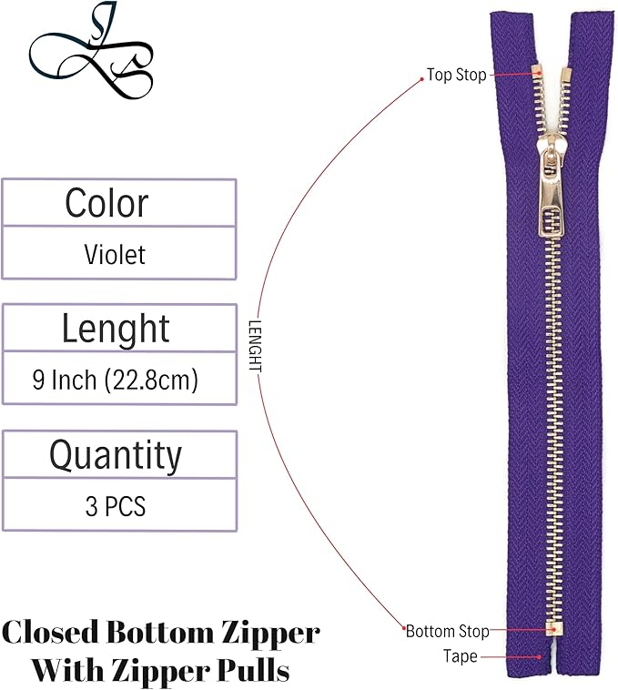 #5 Gold Metal Zipper - 50+ Colors - 3 PCS - (4-14 inches) Sizes - Luxury Lightweight Handcraft Metal Zippers with pulls for Purses Bags Pockets Shoes Sewing & Crafts DIY ZP02259