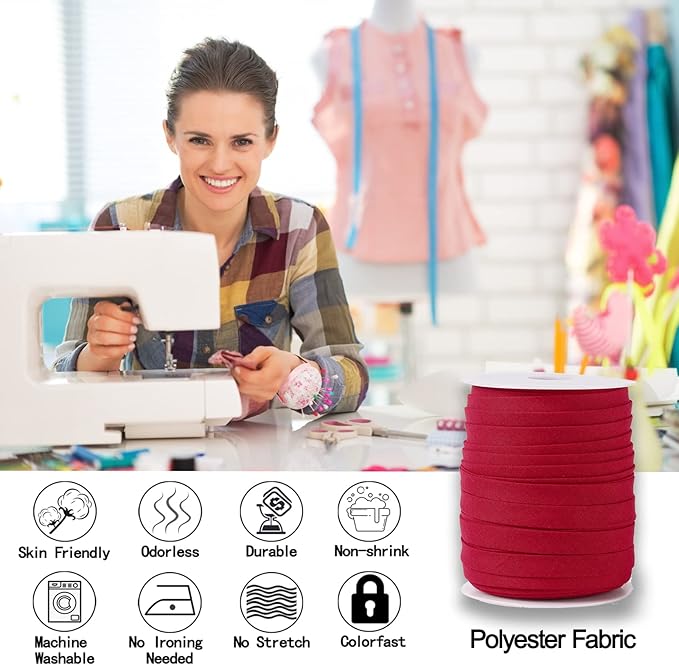 Bias Tape Double Fold 1/2 inch, Double Fold Bias Binding Tape 55 Yards (Wine Red) and 4 Pieces Sewing Fabric Chalks for Crafts, Sewing, Seaming, Hemming, Piping, Quilting.