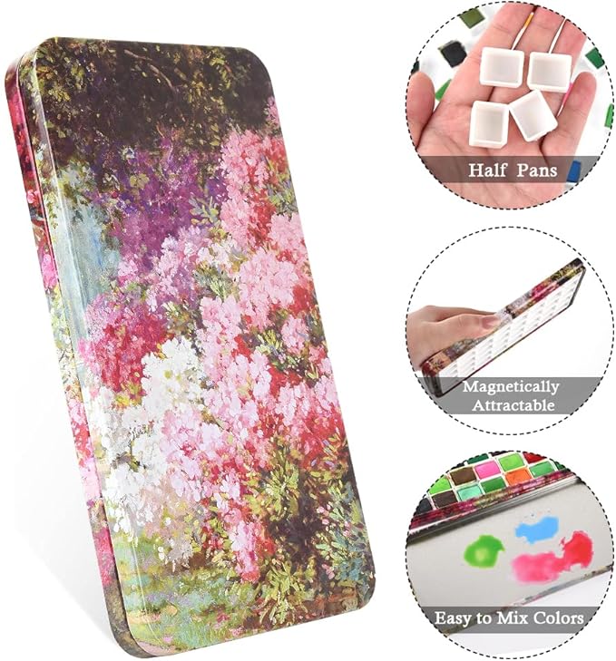 Portable Watercolor Tins Paint Palette with 40Pcs Empty Half Pans and Magnetic Squares, Small Travel Metal Paint Box with Acrylics Painting Art Drawing. FlowerSea