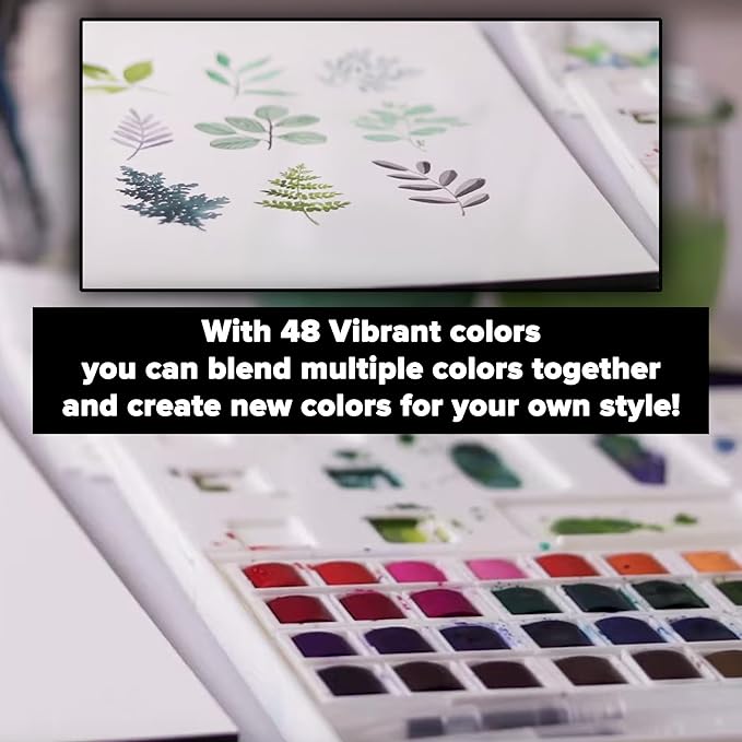 GenCrafts Watercolor Paint Palette 48 Premium Colors with Paper Pad - 2 Refillable Brush Pens - 15 Sheets of Water Color Paper