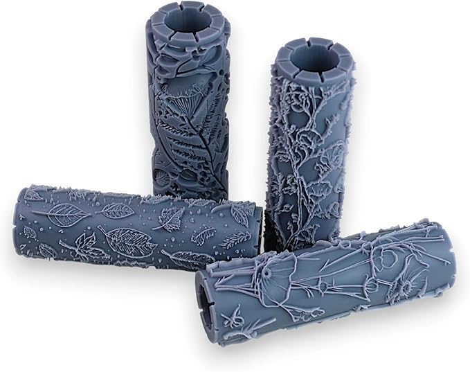 Floral Foliage Collection 4-Pack Clay Texture Rollers (4") - Seamless Meadow Set #01 - Embossing Pattern Rollers for Polymer & Ceramic Clay, Pottery & Crafts