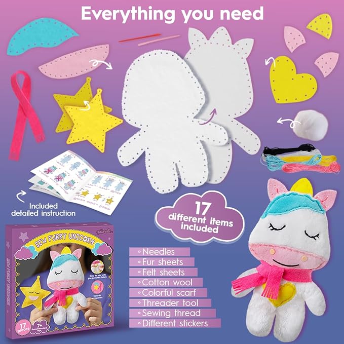 Fur Sewing Kit for Children, Sew Your Own Unicorn Toy Kids' Craft Kit - Sewing Kit for Kids, Learn to Sew & Play