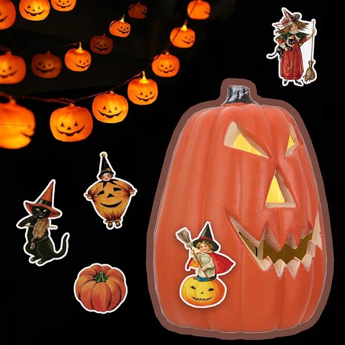100 Pcs Vintage Witch Stickers, Retro Pumpkin Stickers for Scrapbook, Junk Journal, Collages, Halloween Party Favors, Waterproof Vinyl Stickers for Laptop, Phone, Window, Water Bottles