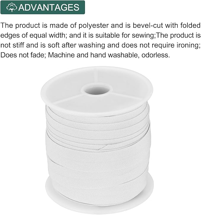 MECCANIXITY 1/2 Inch Single Fold Bias Tape Cotton Continuous Bulk Bias Tape for Sewing,Seaming Quilting Hemming Binding Crafts (White 25 Yards)
