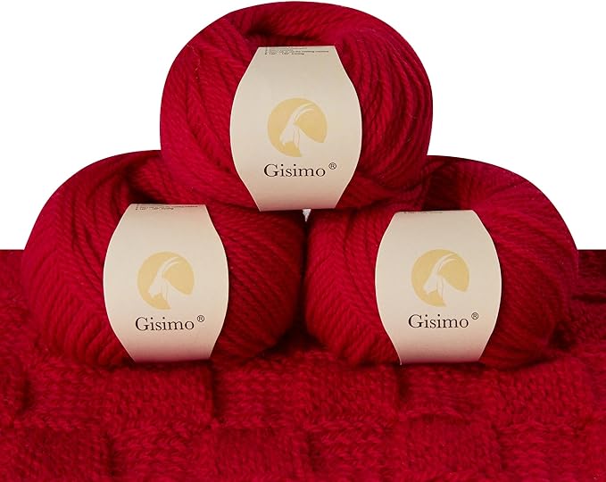 100% Merino Wool Yarn, 3-Ply Luxurious and Soft Yarn for Hand Knitting & Crocheting (Red,3Balls)