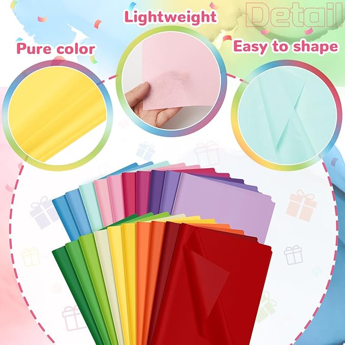 Qilery 500 Sheets Colored Rainbow Tissue Paper Bulk for Gift Bags 15 x 20 Inch Acid Free Packaging Wrapping Decoupage Paper Sheets Easter Wedding Rainbow Party Decoration DIY Flowers, Pom Poms