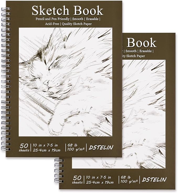 DSTELIN 2 Pack 50 Sheets Spiral Bound Art Sketchbook, 10 x 7.5 Inch 100GSM Acid-Free Drawing Paper, Sketch Books with Cardboard Backing for Artists and Students