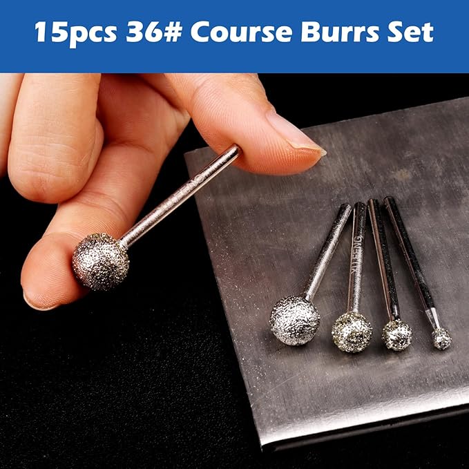 1/8 Shank Diamond Grinding Burr Drill Bit Ball Shape Diamond Rotary Bit,15pcs 36# Course Burrs Set Mounted Points Bit Universal Fitment Rotary Tool for Stone Carving, DIY,Polishing, Engraving