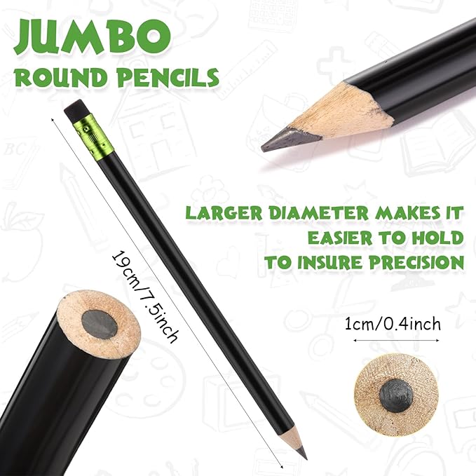 Fainne 102 Pcs Bulk Thick Jumbo Graphite Pencils Set 96 Fat Giant Large Pencils and 6 Sharpeners Enhanced Grip for Art Drafting Writing Drawing Office and Home Use(Black,Round)