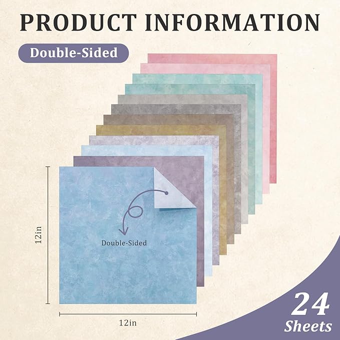 Scrapbook Paper 12x12 - 24 Sheets/24 Designs Double-Sided Textured Craft Paper, Boho Patterned Scrapbooking Paper for Scrapbook Supplies Junk Journals Card Making Origami Photo Album, Soft Pastel