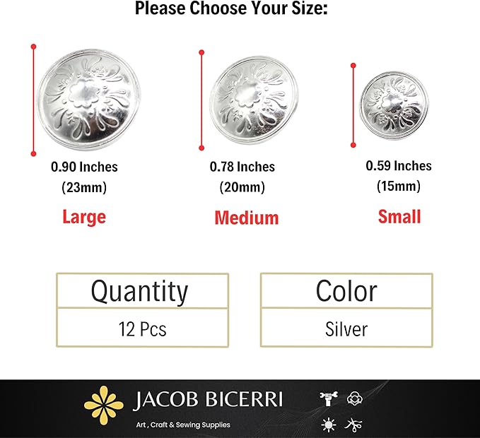 Silver Metal Shank Buttons - 12 Pcs - 3 Size Options - Floral Round Metal Shank Buttons for Men Women Blazer Coat Uniform Shirt Suit and Jacket Sewing Craft DIY N5803
