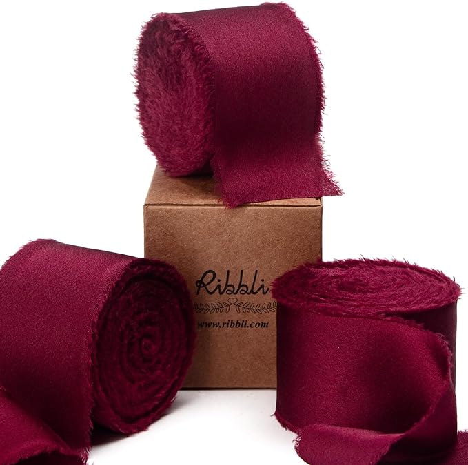 Ribbli Burgundy Silk Satin Ribbon 1.5 Inch x 30 Yard Handmade Frayed Chiffon Wine Red Ribbon for Gift Wrapping Wedding Invitations Bridal Bouquets Home Decor