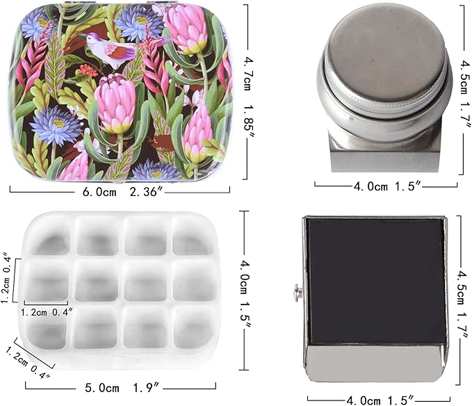 Portable Mini Tin Box,12-Well Empty Watercolor Palette,Small Paint Storage Travel Artist Outdoor Sketch Watercolor Kits with Magnetic Clip and Oil Pot.Flowers and Birds