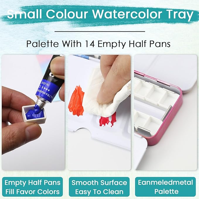 Pink Watercolor Tin Palette with 14 Empty Half Pans - Sturdy Travel Palette for Gouache, Watercolor, Acrylic Painting