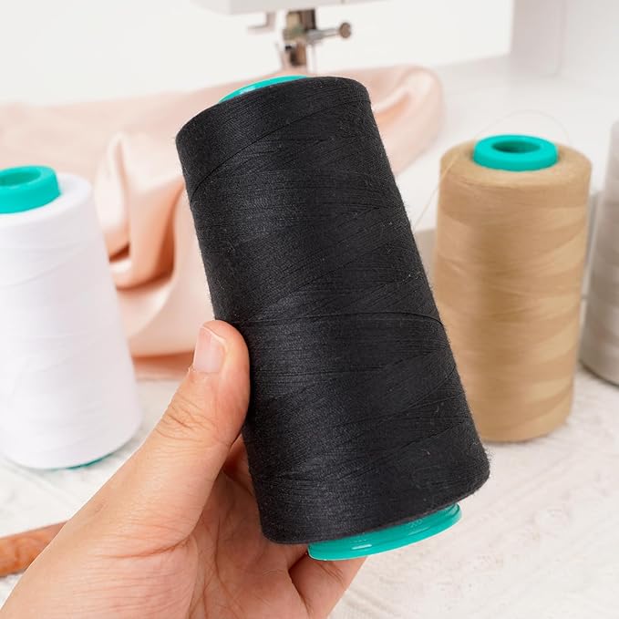 Sewing Thread Cones 4 Pack-3000Yds All Purpose Polyester Thread for Sewing,Tex 30,Quilting, Serger Machines, Overlock, Embroidery (Black,White,Light Gray,Khaki)