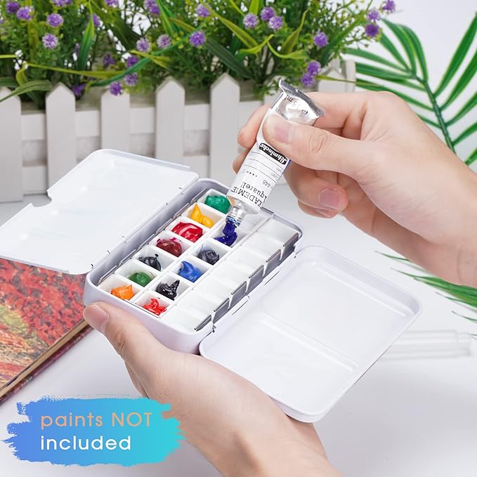 PEVART Empty Watercolor Paint Palette,Metal Box Mixing Palette Case with 50 Water Color Half Pans and Fold-Out Palette Tin Paint Tray Travel Watercolor Set,Acrylic,Gouache, Oil Painting