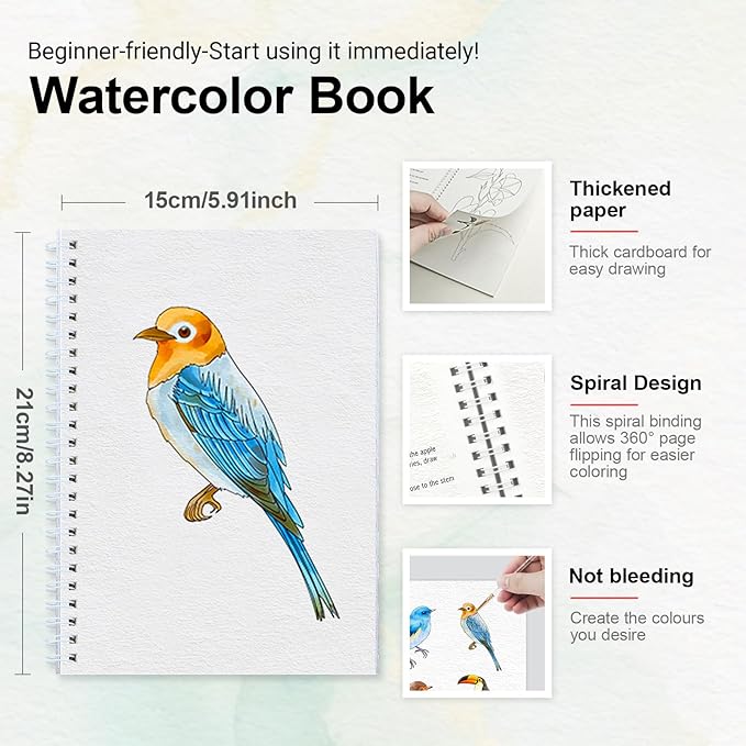Watercolor Workbook for Beginners with Step-by-Step - 12 Watercolor Coloring Pages - 100% Cotton 300gsm/140lb Watercolor Paper - Gift for Women,Adults, Teens (Birds)