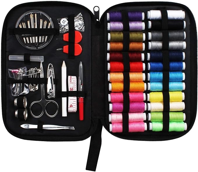 JUNING Sewing Kit with Case, 130 pcs Sewing Supplies for Home Travel and Emergency, Machine, Contains 24 Spools of Thread, Mending and Sewing Needles, Scissors, Thimble,Measuring Tape