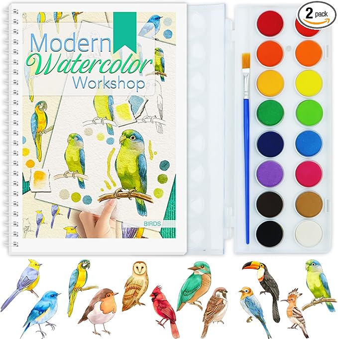 Beginners Watercolor Workbook for Adults -Step-by-Step Coloring Book Set-12 coloring book pages - Includes 16 color blocks and a brush - Professional Watercolor Paper: 300gsm/140lb (Bird)