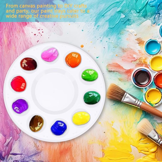 50Pcs Paint Palette Trays, 10-Well Plastic Paint Tray with Central Mixing Area, Reusable Watercolor Palette for Artists, Kids, Classroom, DIY Crafts, Cupcake Decorating (6.6 x 6.6 Inches)
