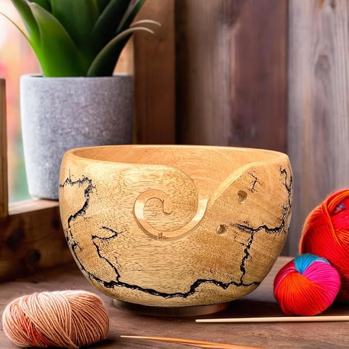 Prime Art Wooden Yarn Bowl for Crochet and Knitting - Large Bowl (Black)