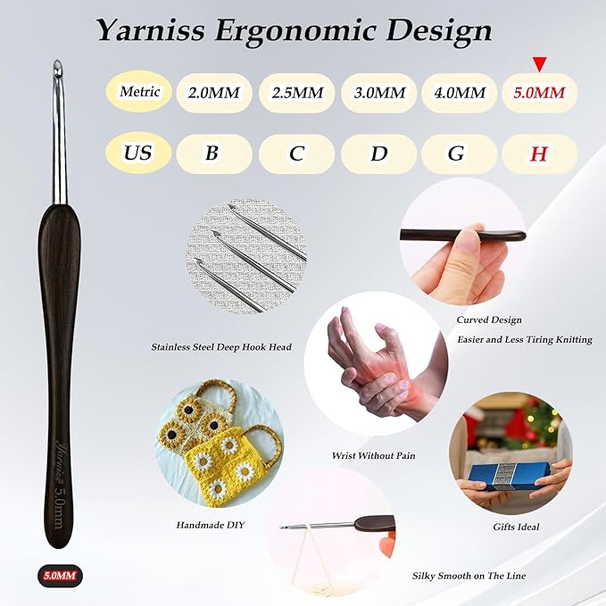 Yarniss 5.0mm Steel Crochet Hook with Ebony Wooden Handle,Handmade Inline Crochet Hook with Pointed Head,Comfortable Crochet Needle with Case