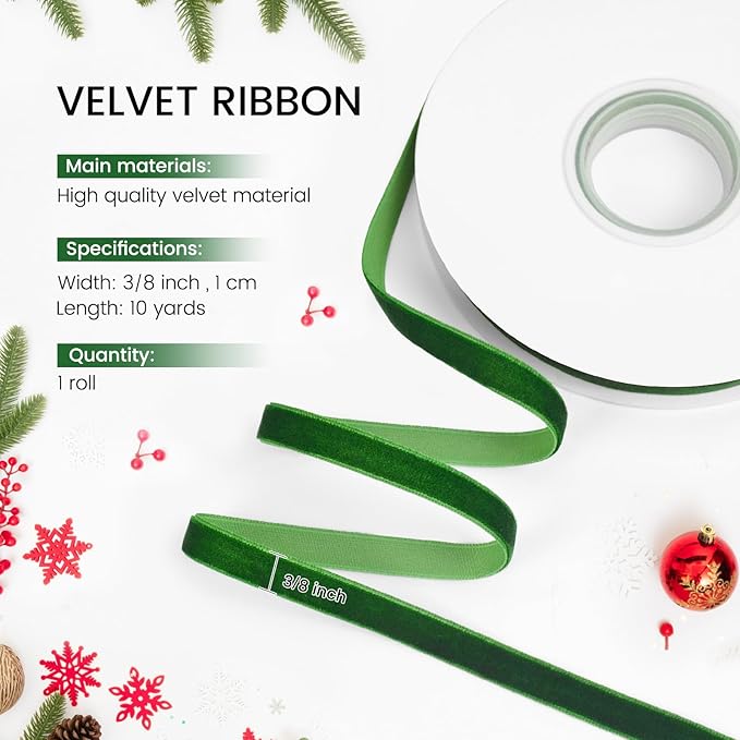 Green Velvet Ribbon, 3/8 inch 10 Yards Vintage Velvet Ribbons Perfect for Christmas Tree Ornaments, Gift Wrapping, Wedding Decoration, Bows, Sewing, Crafts, Wreath and More