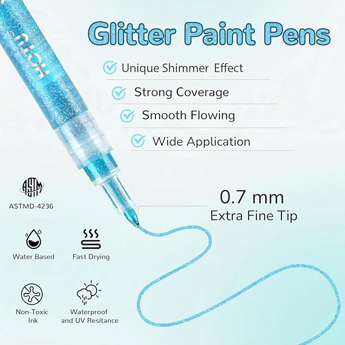 Glitter Markers Pen: 24 Sparkly Colors Metallic Marker 0.7mm Extral Fine Tip Acrylic Glitter Paint Pens for Rock Painting, Ceramic, Glass, Wood, Fabric, Scrapbooking, DIY Craft Making