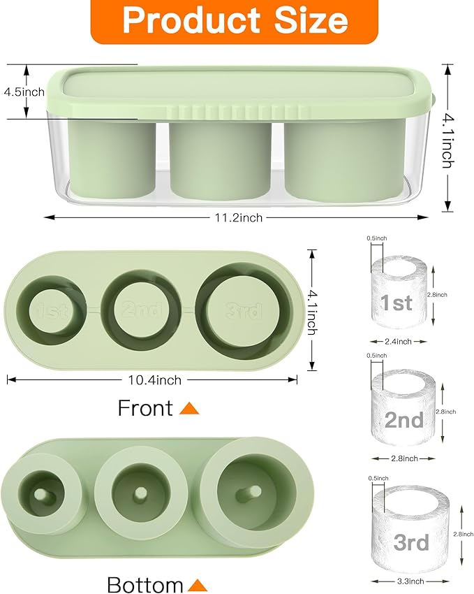 Ice Cube Tray for Tumbler Cup 30Oz-40Oz, 3 Pcs Silicone Cylinder Ice Mold with Lid and Bin for Freezer, Easy Fill and Release Ice Maker for Whiskey, Cocktail BPA-Free (Green, 40Oz-Type2)