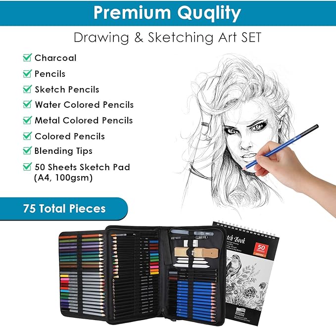 AGPTEK Drawing Pencils Set, 75-Piece Art Supplies Color Drawing Pencils Set Contains Sketch Pencils, Charcoal Pencils, Water Colored Pencils and Metal Colored Pencils for Kids, Adults and Artist