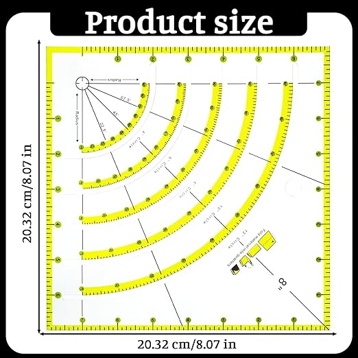8 Inch Arcs & Fans Quilt Circle Cutter Acrylic Quilting Ruler Multifunctional Arc Cutting Patchwork Rulers with Double Colored Lines for Patchwork Sewing Craft Tools,Cutting Cloth Ruler Template