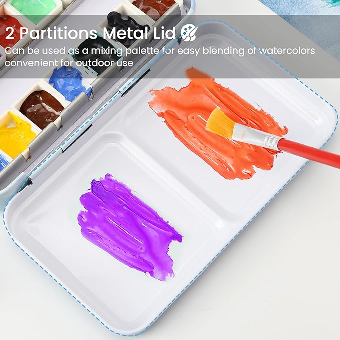Blue Metal Watercolor Tin Palette - Empty w/ Paint Tray & 14 Half Pans - Robust & Functional - Perfect for Plein Air & Studio Painting