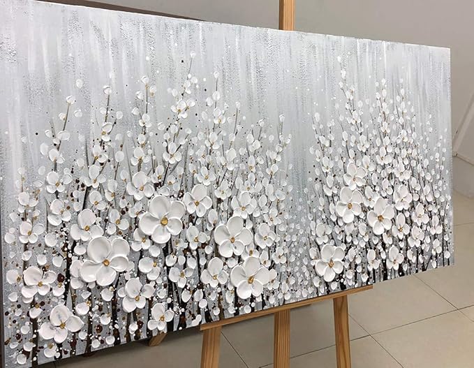 V-inspire Art, 24x48 Inch Hand Painted 3D White Flowers Wall Art Abstract Canvas Oil Paintings Wall Decorations for Living room Dining room Bedroom Artwork for Home Walls