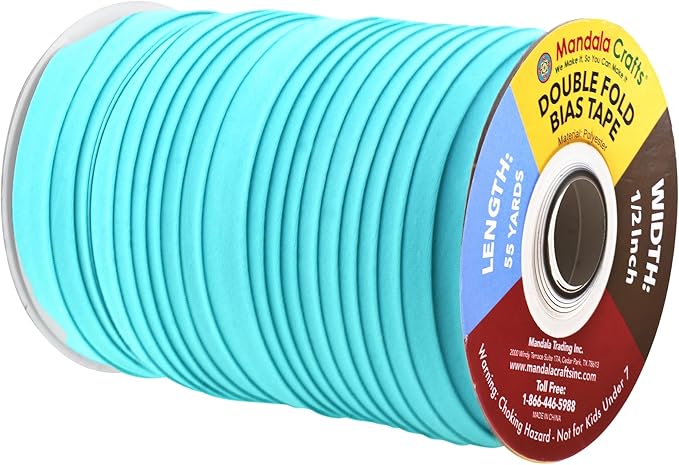 Mandala Crafts 55 Yards 1/2 Inch Turquoise Double Fold Bias Tape for Sewing - Bias Binding Tape for Quilting Binding, Hemming, Seam, and Fabric Piping