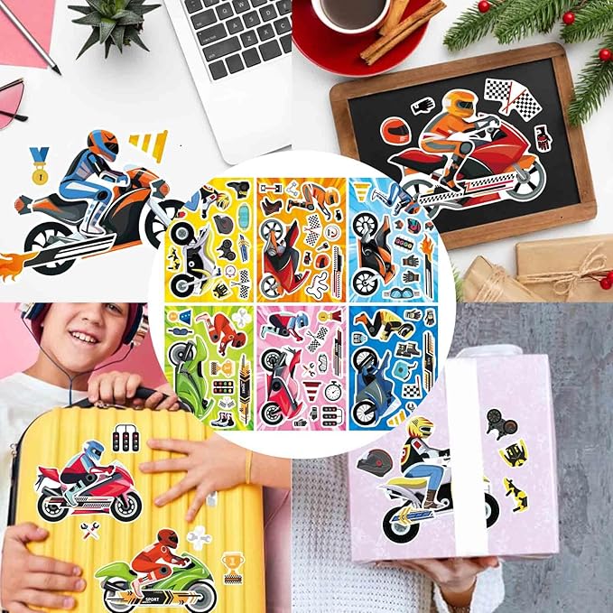 24 Sheets Make Your Own Motorcycle Stickers for Kids Toddler, Motocross Stickers Make a Face Stickers, Dirt Motobike Stickers for Kids Teens Motorcycle Stickers Kids Party Favor Supplies Crafts