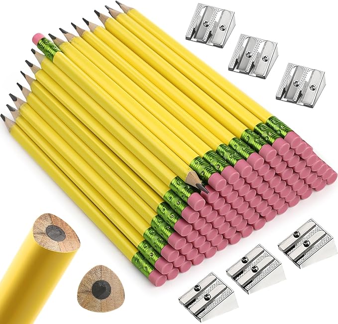 Fainne 102 Pcs Bulk Thick Jumbo Graphite Pencils Set 96 Fat Giant Large Pencils and 6 Sharpeners Enhanced Grip for Art Drafting Writing Drawing Office and Home Use(Yellow,Triangle)