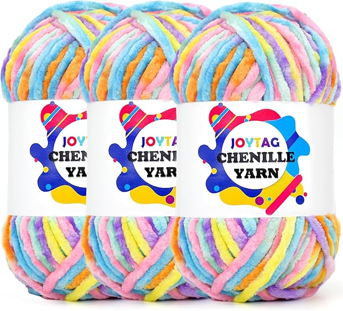Velvet Chenille Yarn for Crocheting Pastel Rainbow Velvet Fluffy Plush Thick Bulky Chunky Chenille Velvet Soft Baby Blanket Yarn for Crocheting Hand Knitting 3 * 100g-Pastel Rainbow