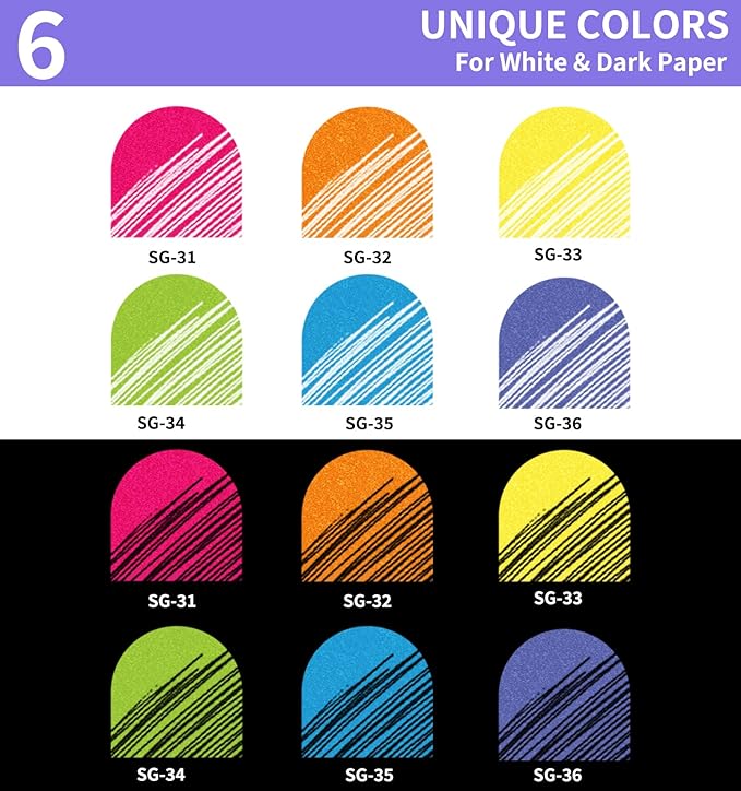 Glitter Gel Pens, 6 Pack Colored Pens for Black Paper & White Paper, 1.0mm Point Pens, Large Capacity Ink Pens for Coloring, Writing, Drawing, Journaling, Note Taking, Office, Home