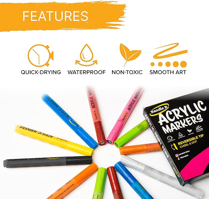 Bandle B. Acrylic Paint Markers – Set of 18 Paint Pens for Art, Fabric, Coloring, and Journaling–Quick-Drying, Waterproof, Non-Toxic, Reversible Chisel-Dot Tip