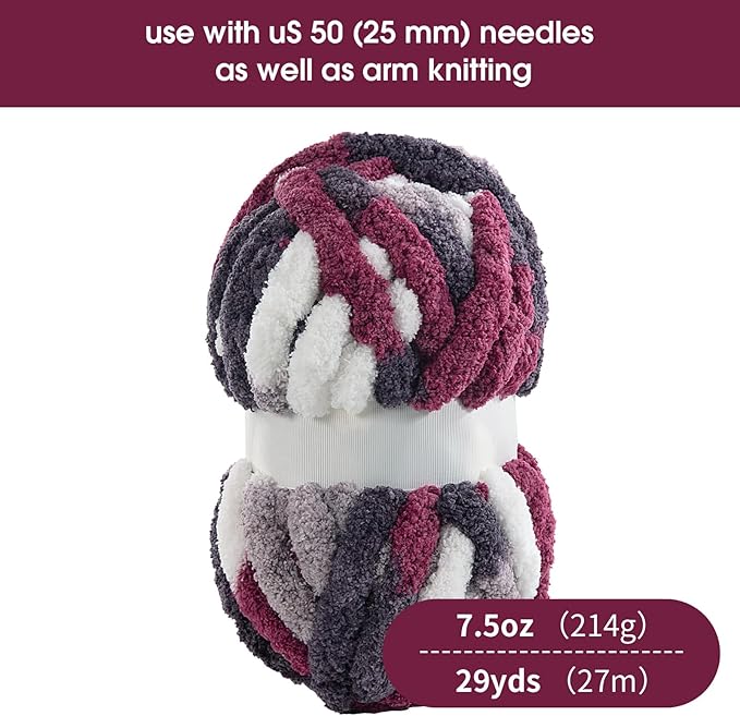HOMBYS 8 Pack Giant Chunky Yarn for Crocheting and Knitting, Super Bulky Large Soft Fluffy Tie Dye Plush Fuzzy Mixed Color Thick Chenille Yarn (Wine Red, Grey, White)