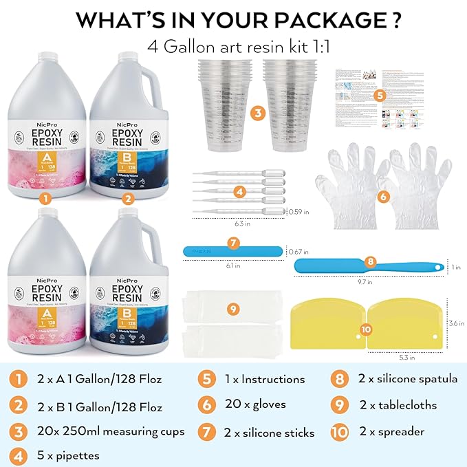 Nicpro 4 Gallon Crystal Clear Epoxy Resin Kit, High Gloss & Bubbles Free Resin Supplies for Coating and Casting, Craft DIY, Wood, Table Top, Bar Top, Molds, River Tables with Cups, Sticks, Gloves