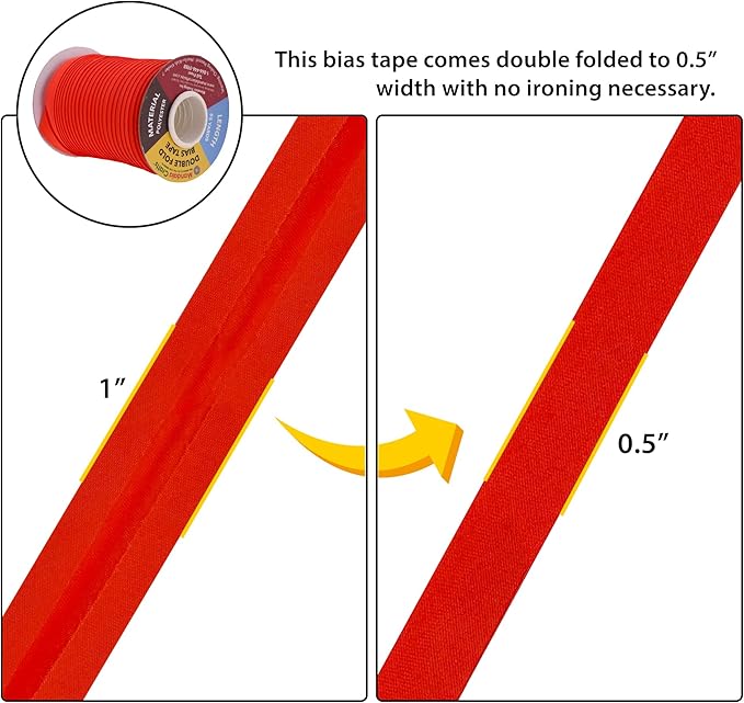 Mandala Crafts 55 Yards 1/2 Inch Red Double Fold Bias Tape for Sewing - Bias Binding Tape for Quilting Binding, Hemming, Seam, and Fabric Piping