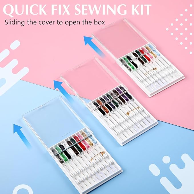 MTLEE 14 Boxes 140 Pieces Mini Quick Fix Sewing Kit Easy Pre Threaded Needle Basic Personal Kit Plastic Threaded Needle Holder Small Home Travel Sewing Box with Pin Button Classic Color